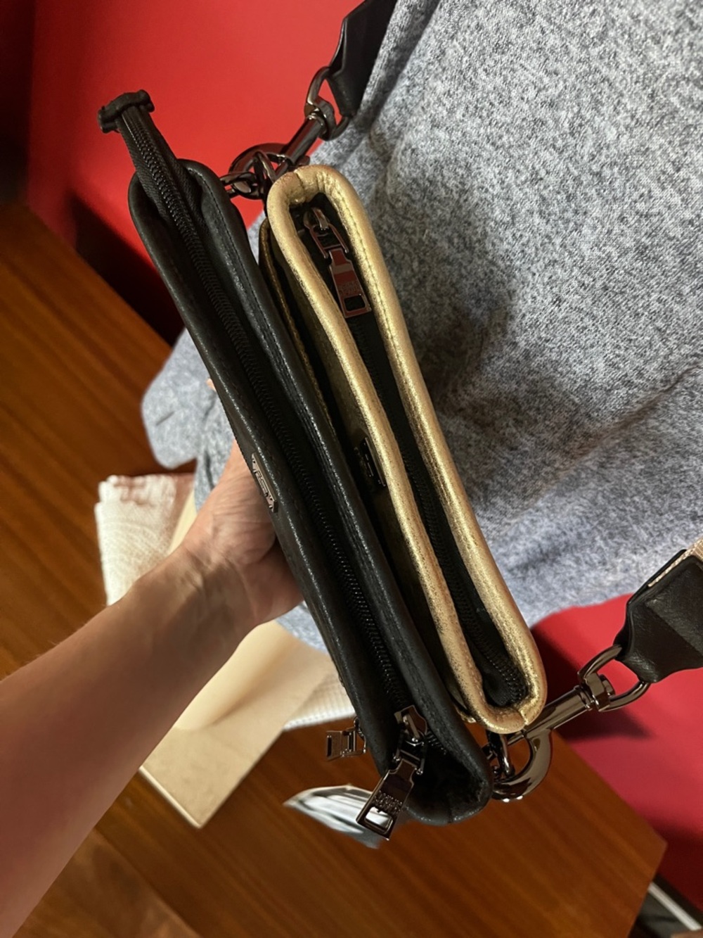 New Think Royln Gold and Black Crossbody Bag with Striped Guitar Strap - Picture 7 of 16